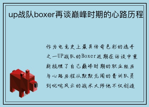 up战队boxer再谈巅峰时期的心路历程