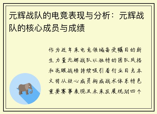 元辉战队的电竞表现与分析：元辉战队的核心成员与成绩