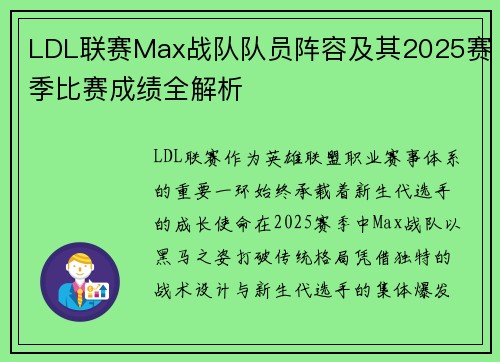 LDL联赛Max战队队员阵容及其2025赛季比赛成绩全解析